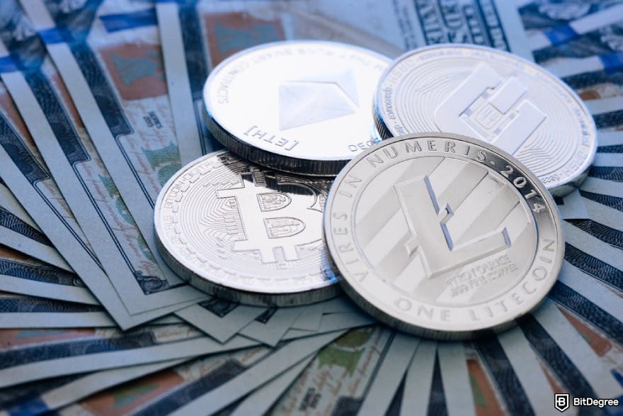Best crypto savings accounts: cryptocurrency coins on US dollar bills.