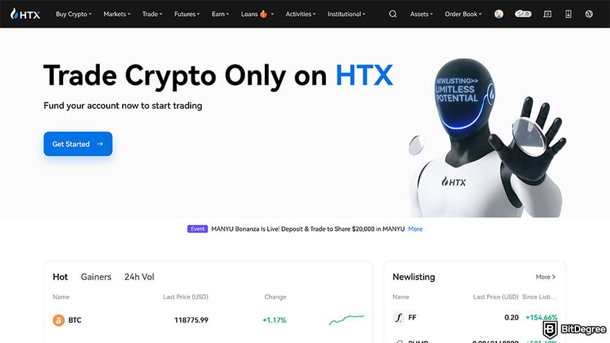 Best crypto savings accounts: HTX homepage.