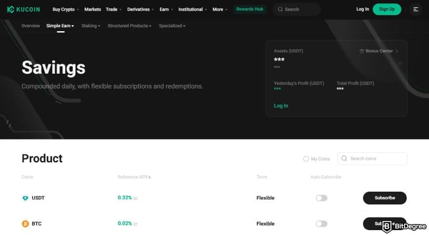 En iyi kripto tasarruf hesapları: KuCoin Savings sayfası.