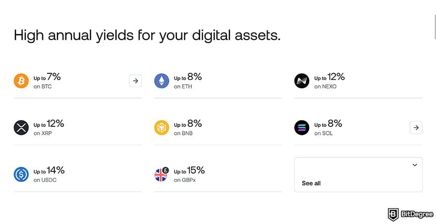 Best crypto savings accounts: Nexo annual yields from digital assets.