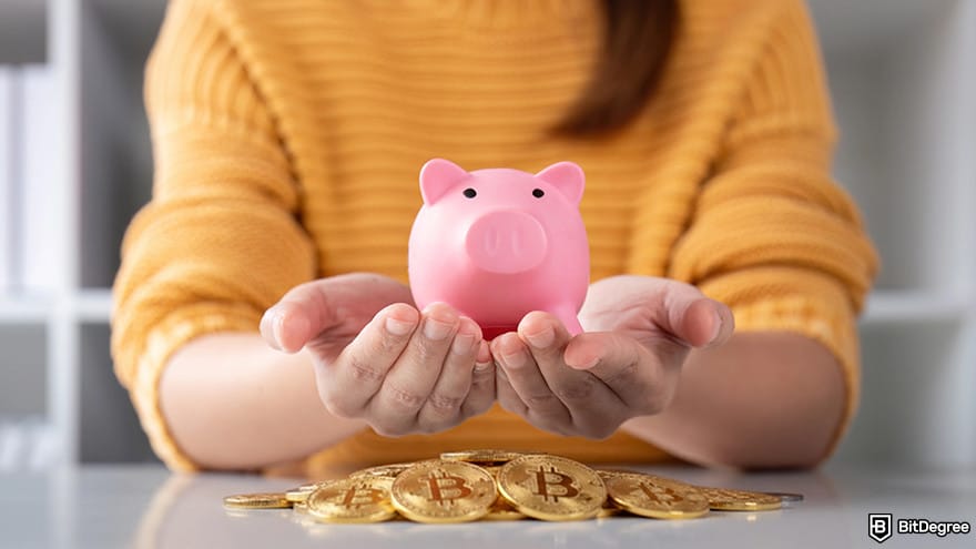 Best crypto savings accounts: woman holding piggy bank with crypto coins.