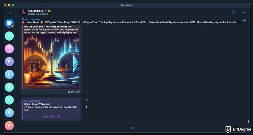 Best crypto Telegram groups: AltSignals Telegram preview.