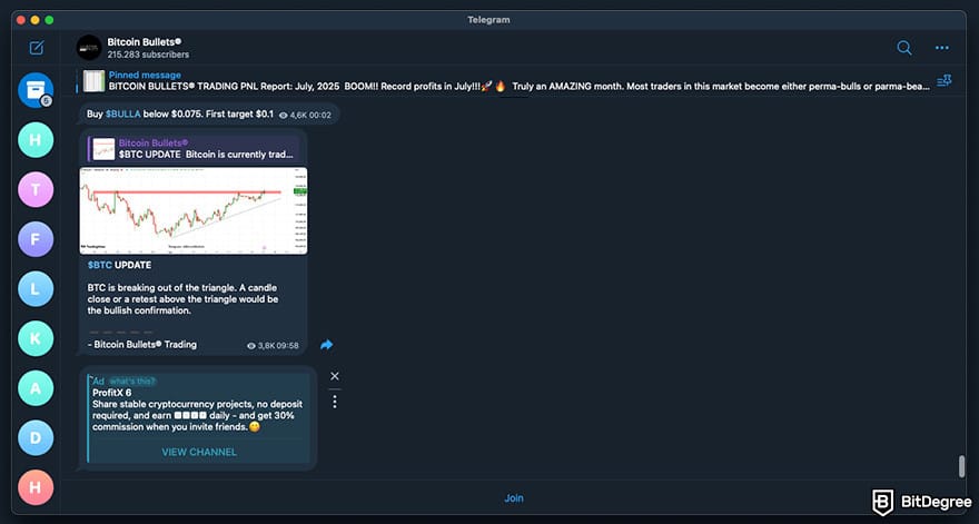 Best crypto Telegram groups: a preview of Bitcoin Bullets Telegram group channel.