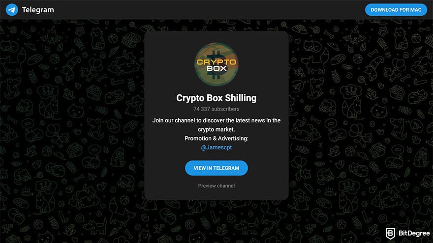 Best crypto Telegram groups: a preview of Crypto Box Shilling Telegram group invitation page.