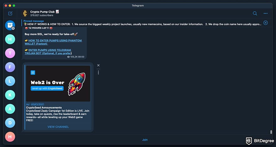 Best crypto Telgram groups: a preview of Crypto Pump Club Telegram group.