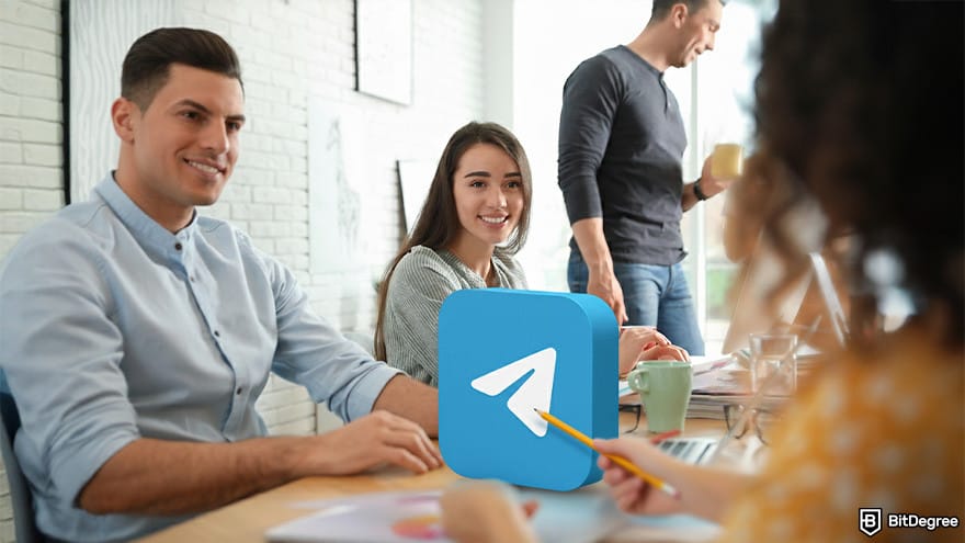 Best crypto Telegram groups: illustration of businessmen discussing Telegram.