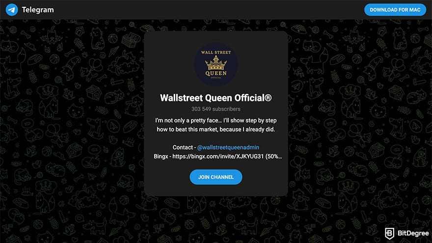 Best crypto Telegram groups: a preview of Wallstreet Queen Official Telegram group invitation page.