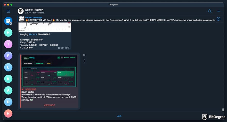 Best crypto Telegram groups: a preview of Wolf of Trading Telegram group chat.