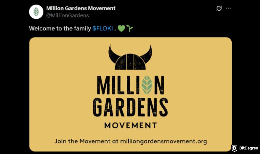 Best crypto under a penny: Million Gardens Movement's tweet about $FLOKI joining their movement.