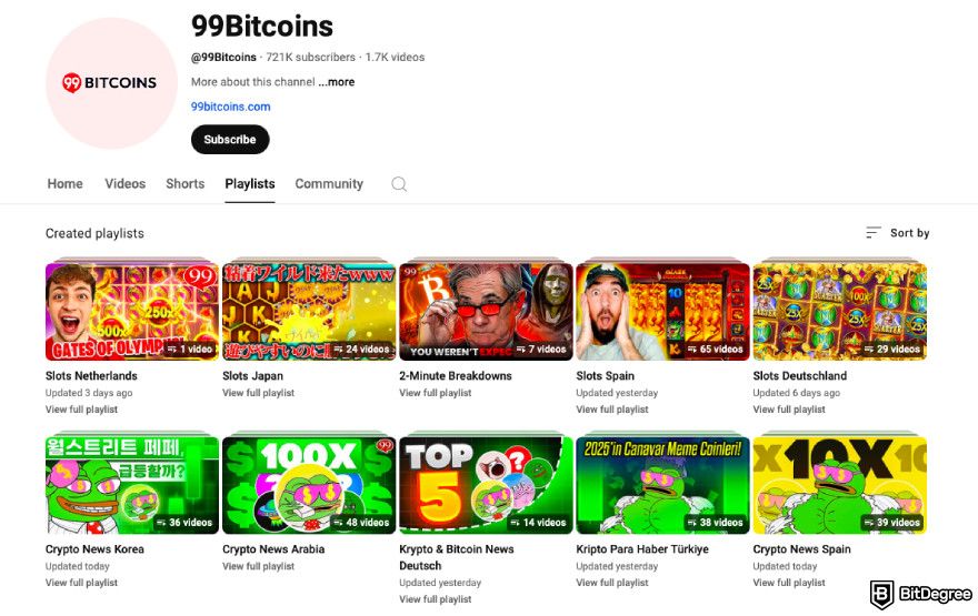 Best crypto YouTube channels: a screenshot of 99Bitcoins YouTube channel.
