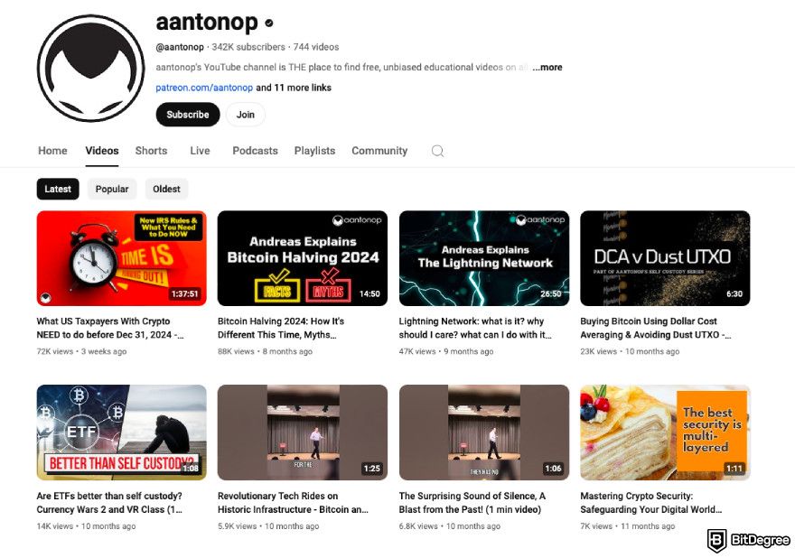 Best crypto YouTube channels: a screenshot of Aantonop YouTube channel.