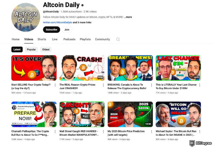 Best crypto YouTube channels: a screenshot of Altcoin Daily YouTube channel.