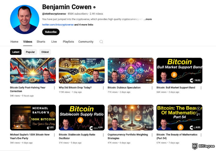 Best crypto YouTube channels: a screenshot of Benjamin Cowen YouTube channel.
