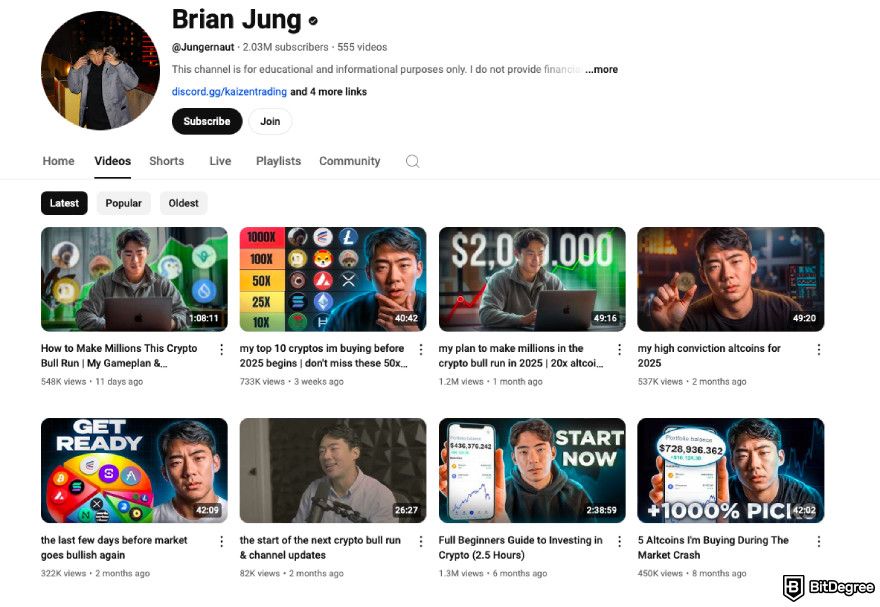 Best crypto YouTube channels: a screenshot of Brian Jung YouTube channel.