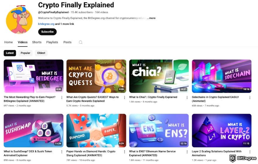 Best crypto YouTube channels: a screenshot of Crypto Finally Explained channel.