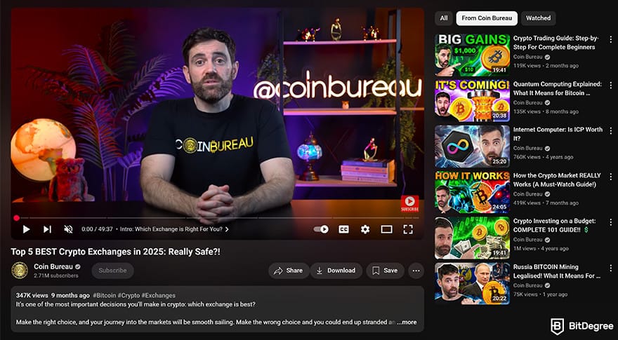 Best crypto youtube channels: Coin Bureau "Top 5 BEST Crypto Exchanges in 2025" youtube video.