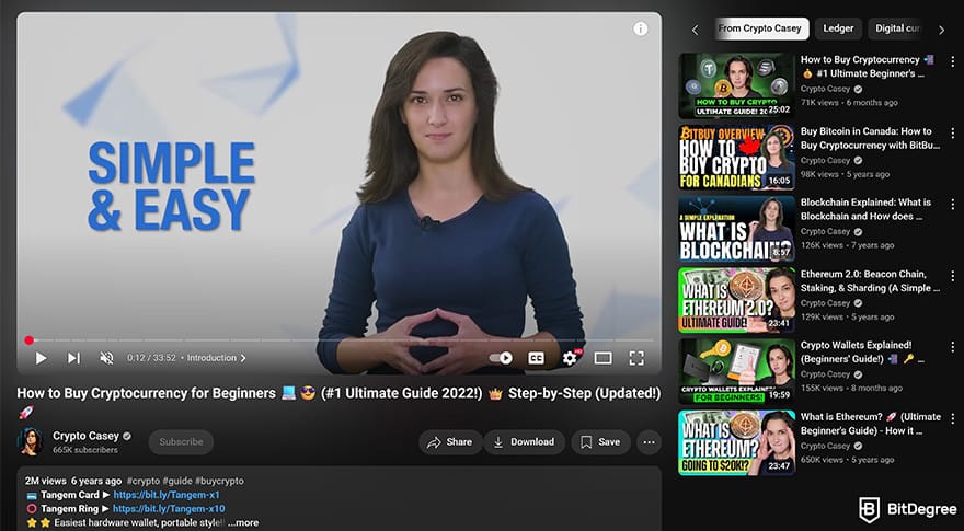 Best crypto youtube channels: Crypto Casey video about "How to Buy Cryptocurrency for Beginners".