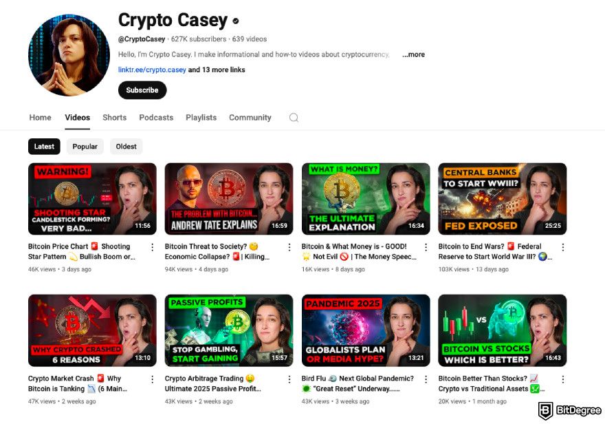 Best crypto YouTube channels: a screenshot of Crypto Casey YouTube channel.