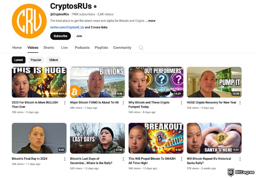 Best crypto YouTube channels: a screenshot of CryptosRUs YouTube channel.