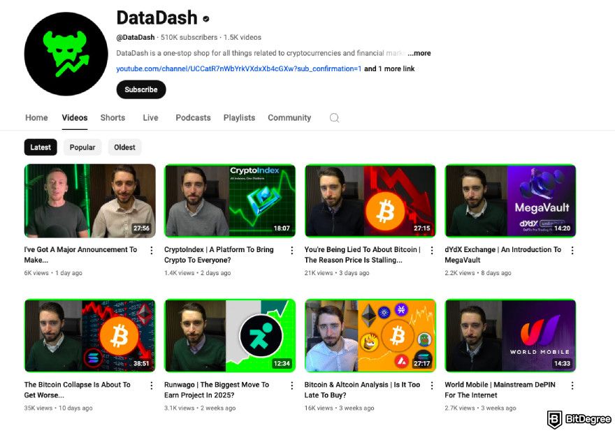 Best crypto YouTube channels: a screenshot of DataDash YouTube channel.