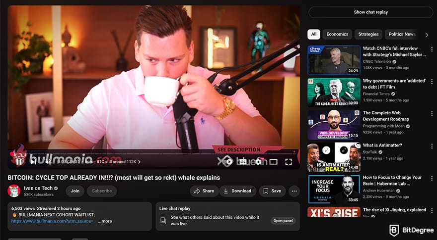 Best crypto youtube channels: Ivan on Tech video about "Bitcoin: cycle top already in".