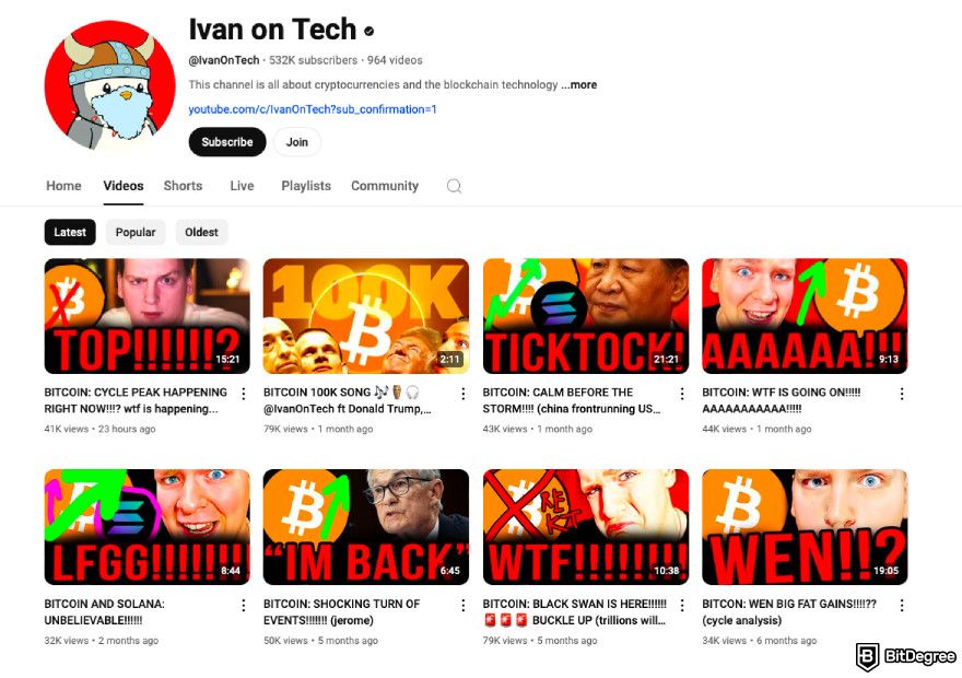 Best crypto YouTube channels: a screenshot of Ivan on Tech YouTube channel.