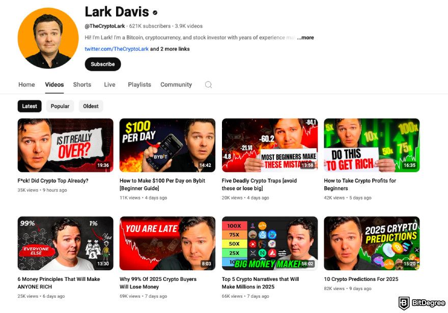 Best crypto YouTube channels: a screenshot of Lark Davis YouTube channel.