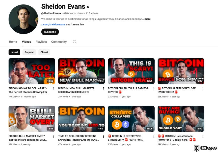 Best crypto YouTube channels: a screenshot of Sheldon Evans YouTube channel.