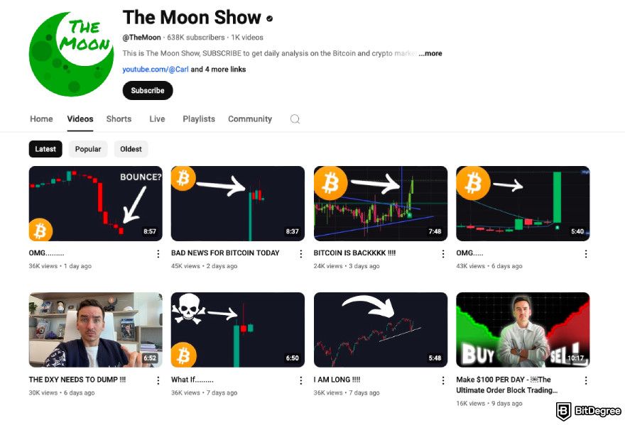 Best crypto YouTube channels: a screenshot of The Moon Show YouTube channel.