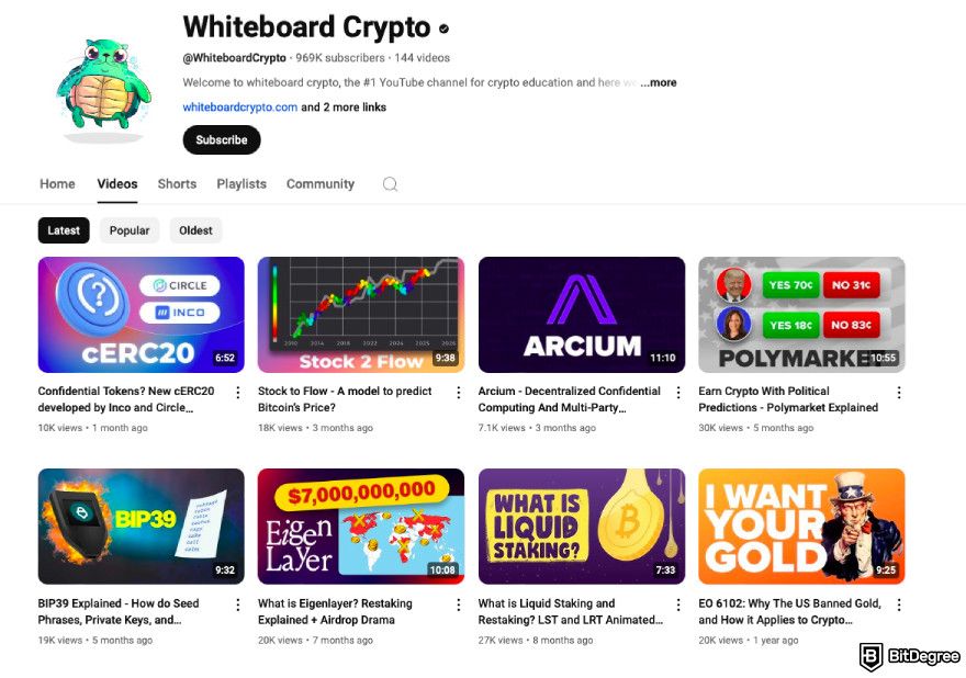 Best crypto YouTube channels: a screenshot of Whiteboard Crypto YouTube channel.