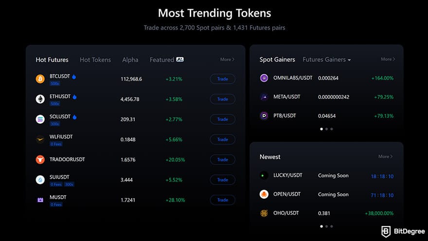 Best cryptocurrency exchange: MEXC most trending tokens list.