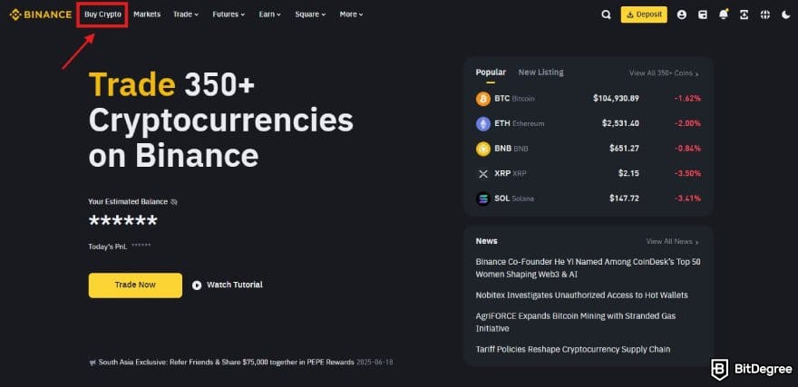 Best cryptocurrency to invest today for short term: Binance homepage with the Buy Crypto menu highlighted.