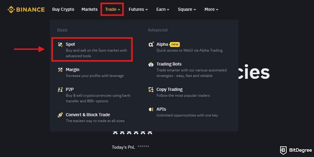 Best cryptocurrency to invest today for short term: Binance homepage with the Trade and Spot menus highlighted.