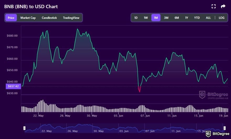 Best cryptocurrency to invest today for short term: BNB to USD price chart on BitDegree crypto tracker.