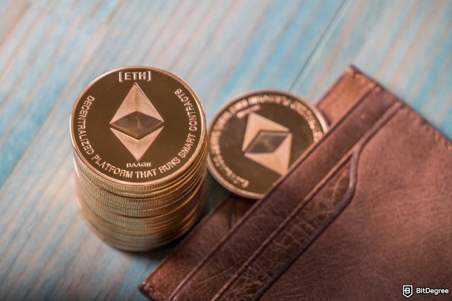 Best cryptocurrency to invest today for short term: stacks of ETH coins and a leather wallet.