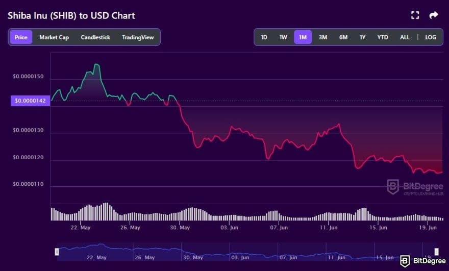 Best cryptocurrency to invest today for short term: SHIB to USD price chart on BitDegree crypto tracker.