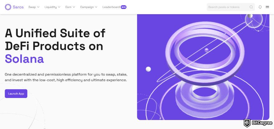 Best Solana DEX: Saros Finance's homepage.