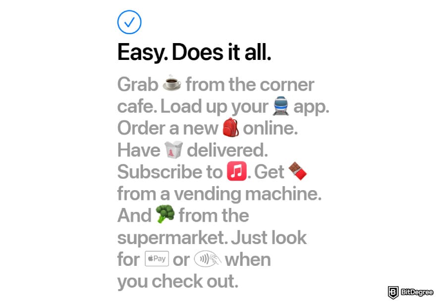 Best digital wallet: Apple Pay's copywriting with emojis on its homepage.