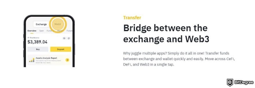 Best ERC20 wallet: description of Binance Web3 Wallet's bridging capability on its landing page.