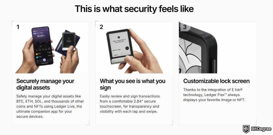 Best ERC20 wallet: Ledger Flex main features on its landing page.