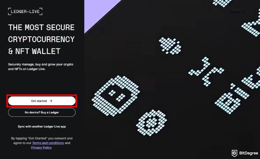 Best ERC20 wallet: the initial page on Ledger Live set up process with the Get started button highlighted.