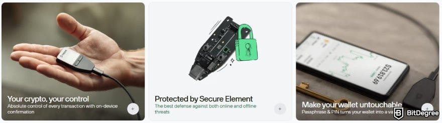 Best ERC20 wallet: key features of the Trezor Safe 3 wallet on its landing page.