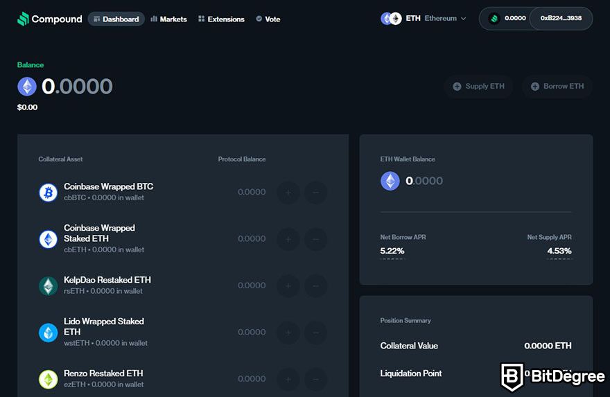 Best ETH lending platform: the interface for Compound app.