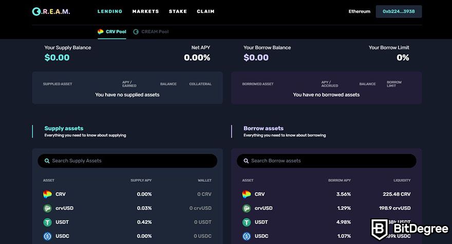 Best ETH lending platform: the interface for C.R.E.A.M. app.