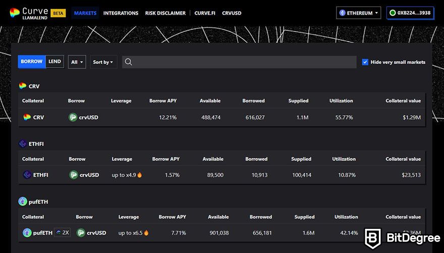 Best ETH lending platform: Curve LLAMALEND interface.