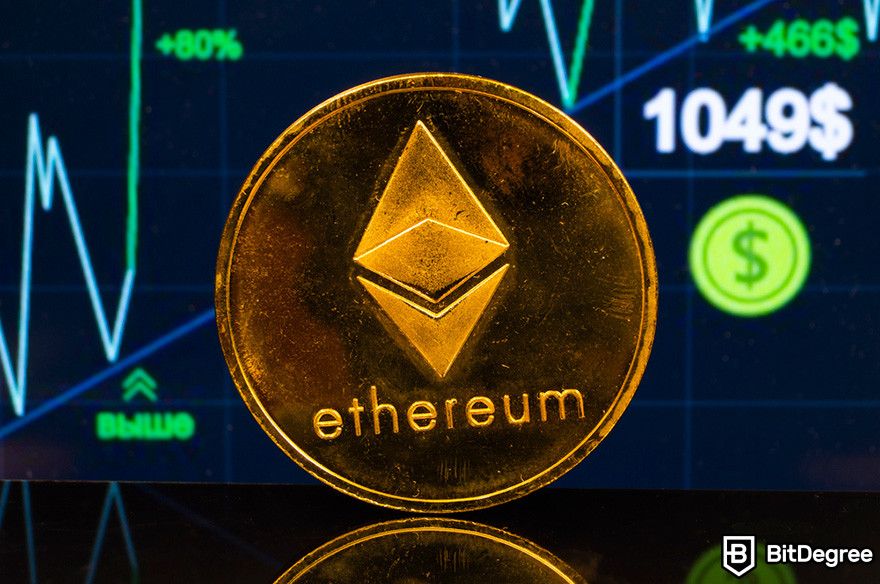 Best ETH lending platform: a golden ETH coin resting on a reflective surface, with a price chart in the background.