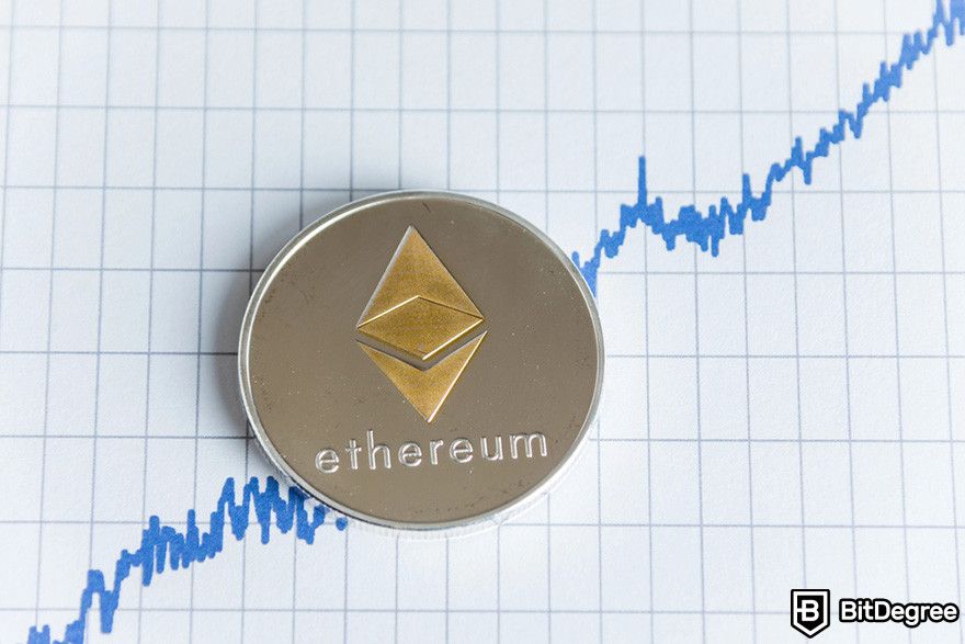 Best ETH lending platform: an Ethereum coin resting on a graph with an upward trend.