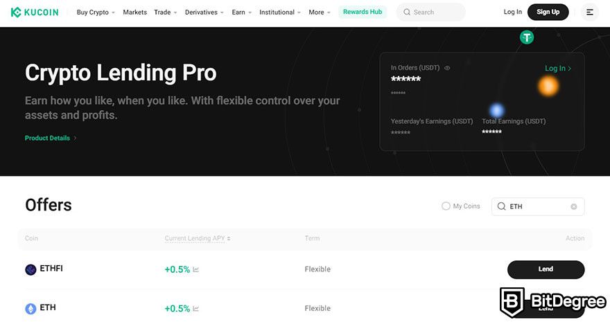 Best ETH lending platform: the landing page for KuCoin Crypto Lending Pro.