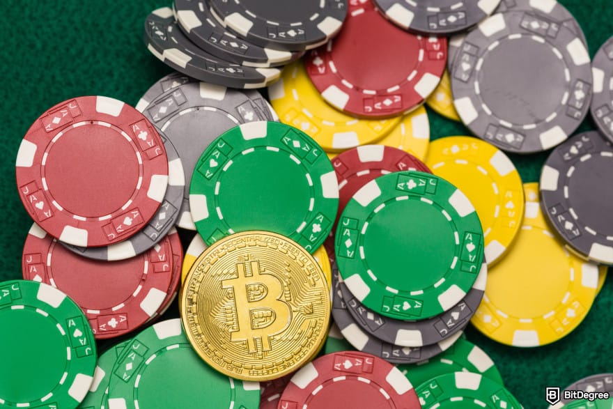 Best Ethereum casino: poker chips and a BTC coin in the middle. Best Ethereum casino: poker chips and a BTC coin in the middle.