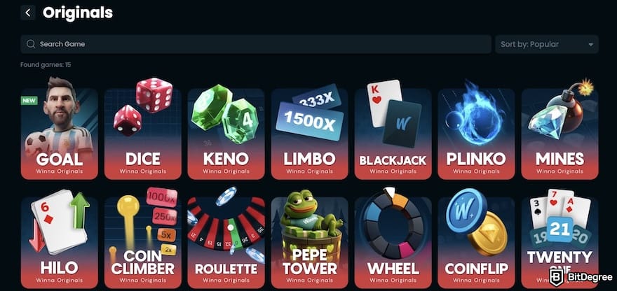 Best Ethereum casino: Winna Originals page, showing dice, limbo, and blackjack card menus.